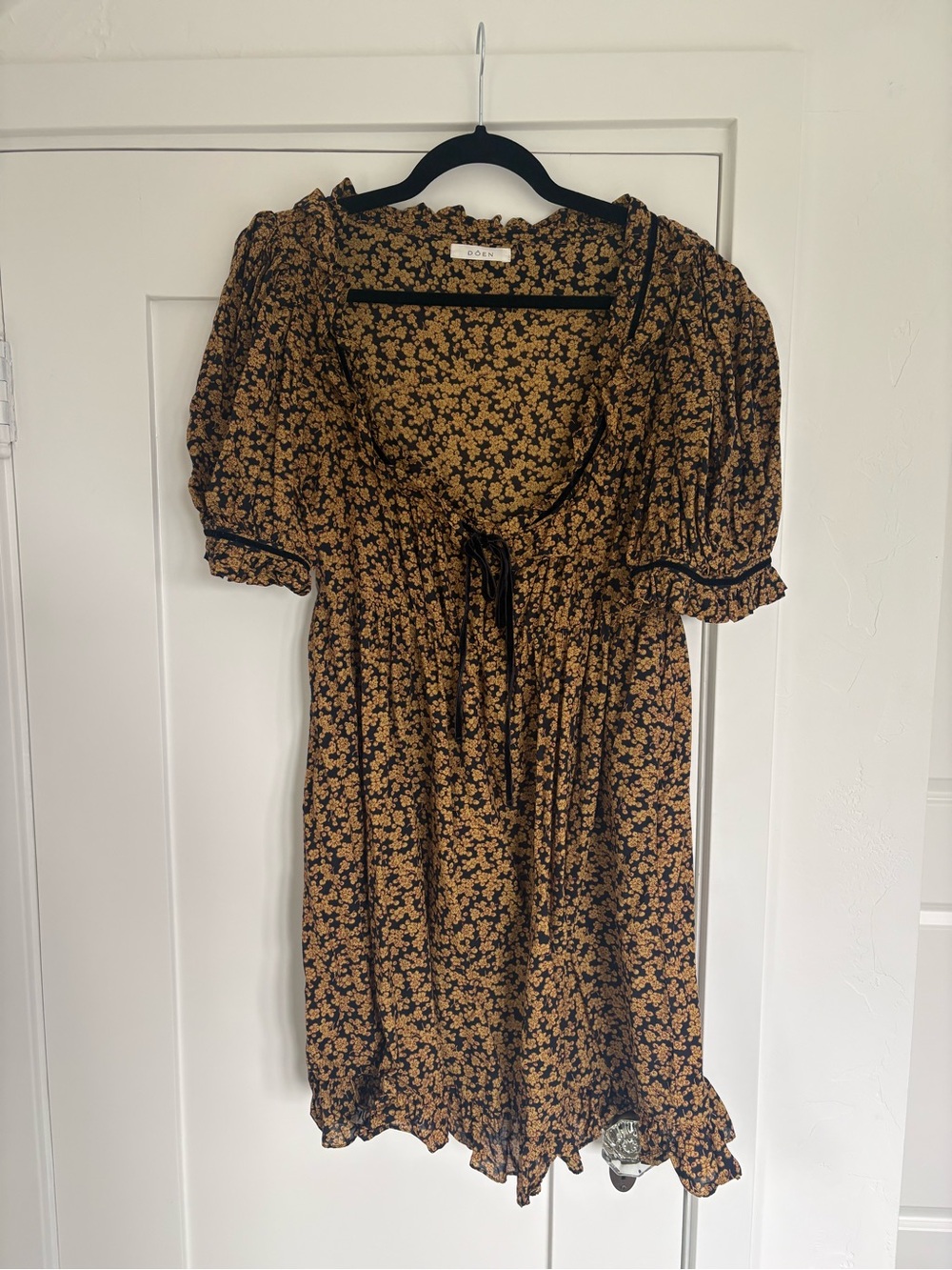 DÔEN Marcela Mini Dress in Dusk Winter Meadow Mustard Yellow Black Floral Print